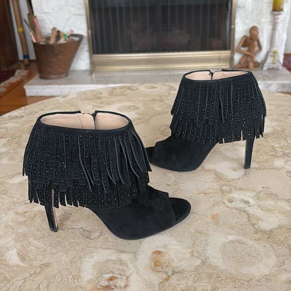 BCBG MAXAZRIA Raimi Bootie Black Suede Peep Toe Fringe High Heel Ankle Boots - Picture 4 of 11